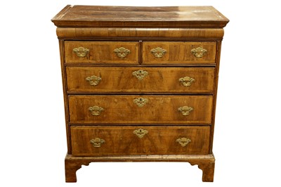 Lot 219 - A GEORGE I FIGURED WALNUT FEATHER BANDED CHEST, 18TH CENTURY