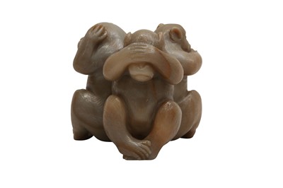 Lot 890 - CARVED STONE THREE WISE MONKEYS AND JADE BUDDHA