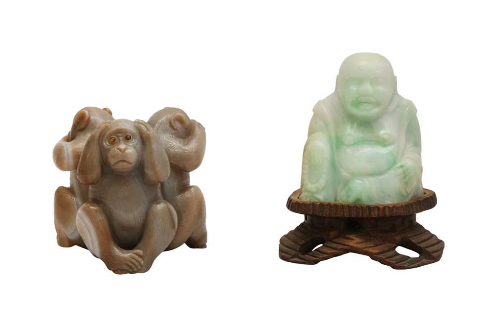 Lot 890 - CARVED STONE THREE WISE MONKEYS AND JADE BUDDHA