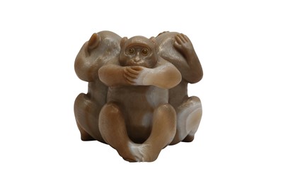 Lot 890 - CARVED STONE THREE WISE MONKEYS AND JADE BUDDHA