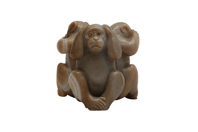 Lot 890 - CARVED STONE THREE WISE MONKEYS AND JADE BUDDHA