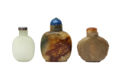 Lot 453 - TWO CHINESE CELADON JADE AND ONE GLASS SNUFF BOTTLE