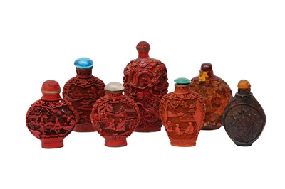 Lot 438 - A GROUP OF FIVE LACQUER-STYLE BOTTLES AND TWO RESIN BOTTLES