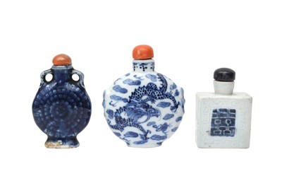 Lot 455 - A GROUP OF THREE CHINESE BLUE AND WHITE SNUFF BOTTLES