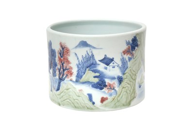 Lot 937 - A CHINESE CELADON, COPPER-RED AND UNDERGLAZE-BLUE 'LANDSCAPE' BRUSH POT, BITONG