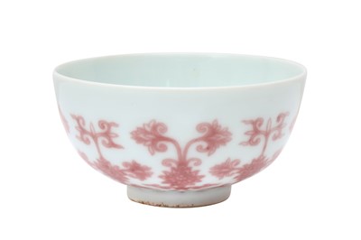 Lot 122 - A CHINESE COPPER RED-DECORATED 'LOTUS SCROLL' CUP