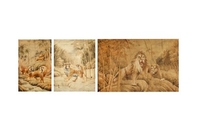 Lot 594 - THREE JAPANESE EMBROIDERED "BEAST" PANELS