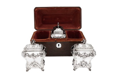 Lot 690 - A cased set of George II sterling silver tea caddies and sugar box, London 1755 by George Methuen (reg. 3rd Aug 1743)