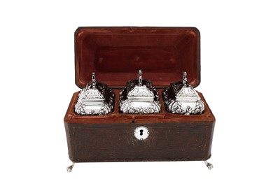 Lot 690 - A cased set of George II sterling silver tea caddies and sugar box, London 1755 by George Methuen (reg. 3rd Aug 1743)