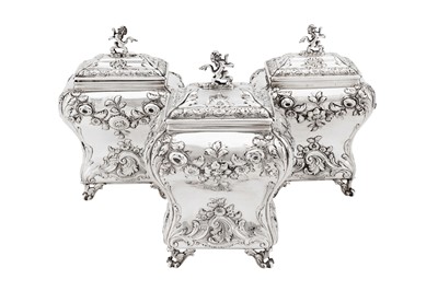 Lot 690 - A cased set of George II sterling silver tea caddies and sugar box, London 1755 by George Methuen (reg. 3rd Aug 1743)