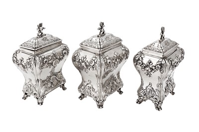 Lot 690 - A cased set of George II sterling silver tea caddies and sugar box, London 1755 by George Methuen (reg. 3rd Aug 1743)