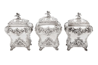 Lot 690 - A cased set of George II sterling silver tea caddies and sugar box, London 1755 by George Methuen (reg. 3rd Aug 1743)