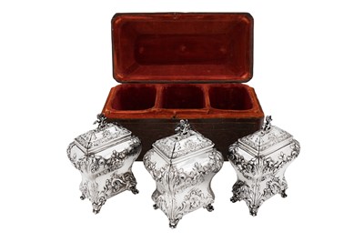 Lot 690 - A cased set of George II sterling silver tea caddies and sugar box, London 1755 by George Methuen (reg. 3rd Aug 1743)