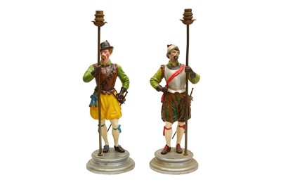 Lot 852 - A PAIR OF PAINTED SPELTER TABLE LAMPS IN THE FORM OF PIKEMEN