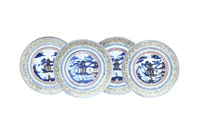 Lot 542 - A SET OF FOUR CHINESE ENAMELLED BLUE AND WHITE 'LANDSCAPE' DISHES