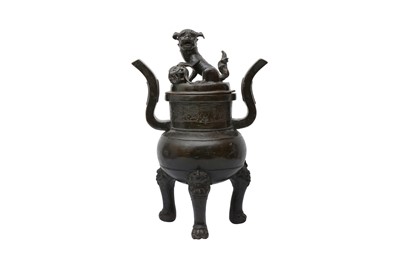 Lot 340 - A CHINESE BRONZE TRIPOD INCENSE BURNER AND COVER