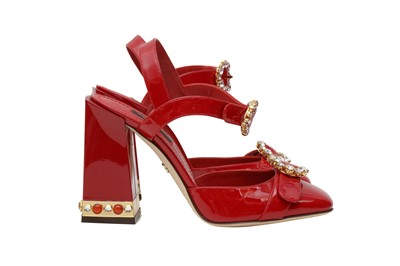 Lot 140 - Dolce & Gabbana Red Embellished Block Heeled Pump - Size 36,5