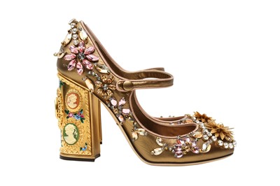 Lot 568 - Dolce & Gabbana Gold Embellished Block Heeled Pump - Size 37