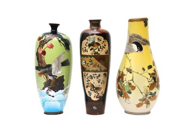 Lot 586 - A JAPANESE SATSUMA VASE BY TAIZAN YOHEI IX AND TWO CLOISONNE VASES