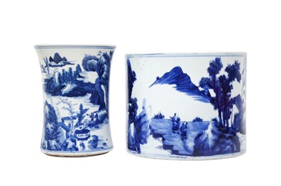 Lot 346 - TWO CHINESE BLUE AND WHITE BRUSH POTS, BITONG