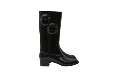 Lot 649 - Chanel Black Camelia Rubber Rain Boot - Size 37