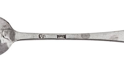 Lot 618 - A pair of George II/III provincial silver teaspoons, Durham circa 1760 by Samuel Thompson II (active c. 1751-84)
