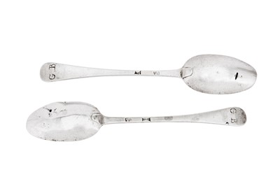 Lot 618 - A pair of George II/III provincial silver teaspoons, Durham circa 1760 by Samuel Thompson II (active c. 1751-84)