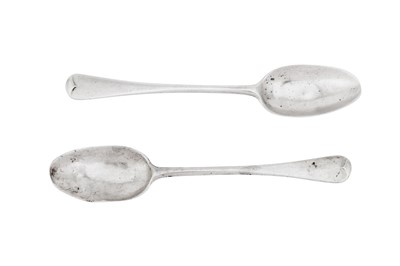 Lot 618 - A pair of George II/III provincial silver teaspoons, Durham circa 1760 by Samuel Thompson II (active c. 1751-84)