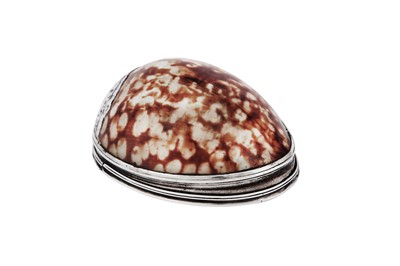 Lot 317 - A George II unmarked silver mounted cowrie shell snuff box, possibly Scottish circa 1730
