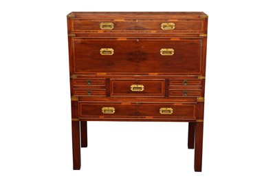 Lot 843 - A 19TH CENTURY STYLE YEW WOOD TWO-PART CAMPAIGN SECRETAIRE ON STAND