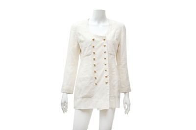 Lot 543 - Chanel Cream Linen CC Logo Long Jacket - Size 36