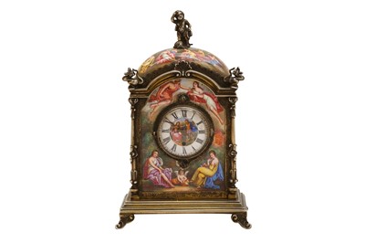 Lot 89 - A late 19th century Austrian 950 standard silver gilt and enamel timepiece or clock, Vienna circa 1880 by Hermann Ratzersdorfer (1845 - 1894)