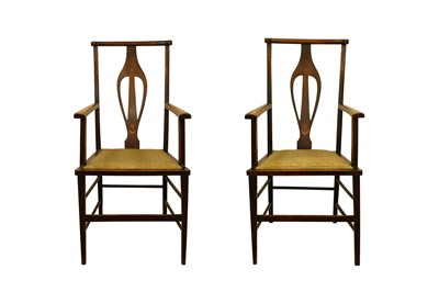 Lot 504 - A PAIR OF EDWARDIAN ART NOUVEAU MARQUETRY INLAID OPEN ARMCHAIRS