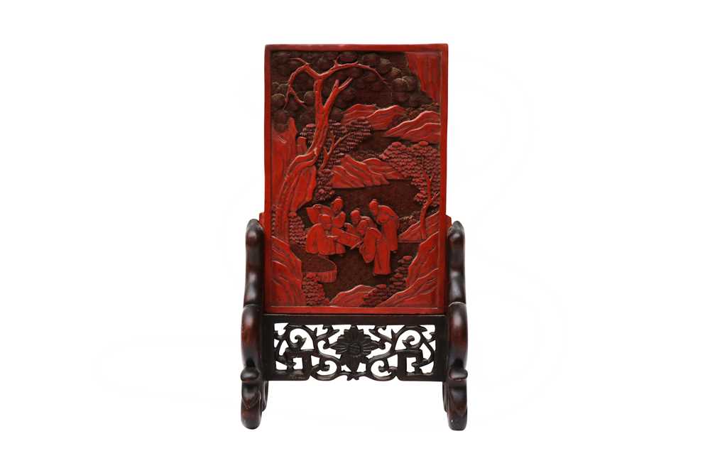 Lot 521 - A CHINESE CINNABAR LACQUER 'SCHOLARS' TABLE SCREEN