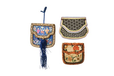 Lot 849 - THREE CHINESE EMBROIDERED SILK PURSES