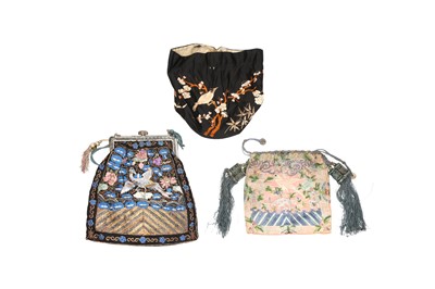 Lot 850 - THREE CHINESE EMBROIDERED SILK PURSES