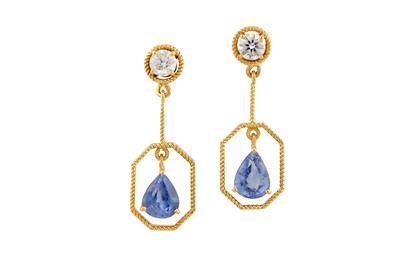 Lot 135 - A pair of sapphire and diamond pendent earrings