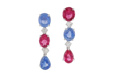 Lot 92 - A pair of pink tourmaline, sapphire and diamond pendant earrings