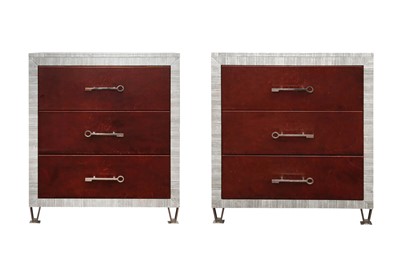 Lot 726 - PAIR OF CONTEMPORARY  THREE DRAWER FAUX LEATHER COVERED CHESTS