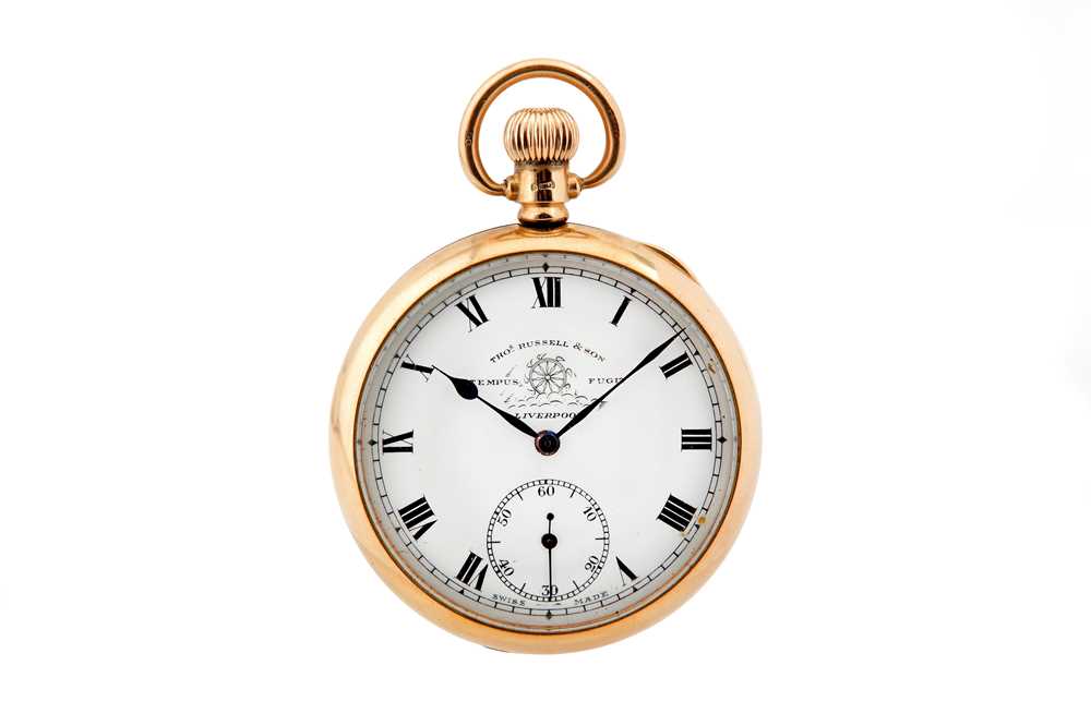 Lot 17 - POCKET WATCH, THOMAS RUSSELL & SON, 9K GOLD OPEN-FACE.