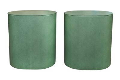 Lot 737 - A PAIR OF CONTEMPORARY TURQUOISE FAUX OSTRICH LEATHER STOOLS