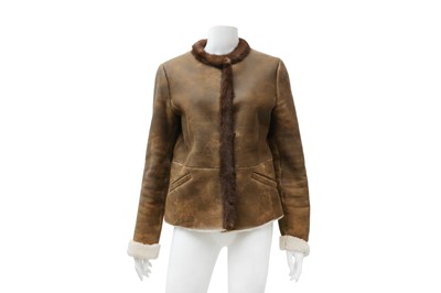 Lot 444 - Prada Brown Distressed Sheepskin Jacket - Size 44