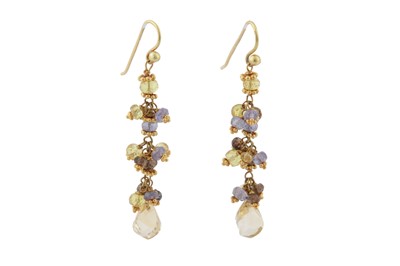 Lot 142 - A PAIR OF MULTI-COLOURED SAPPHIRE AND CITRINE EARRINGS