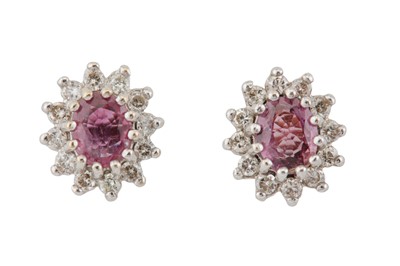 Lot 385 - A PAIR OF PINK SAPPHIRE AND DIAMOND EARSTUDS