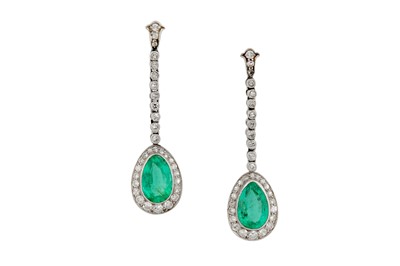 Lot 88 - A pair of emerald and diamond pendent earrings, early 20th century