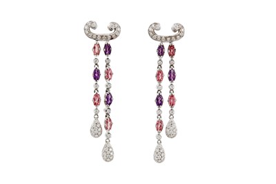 Lot 121 - A pair of amethyst, pink tourmaline and diamond pendent earrings