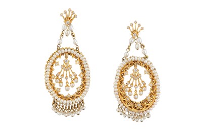 Lot 116 - A pair of pearl and diamond pendent earrings