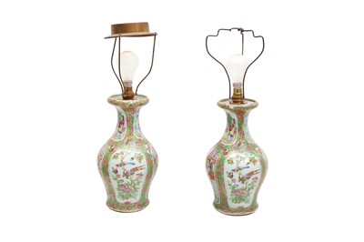 Lot 735 - A PAIR OF CHINESE CANTON FAMILLE-ROSE LAMP BASES