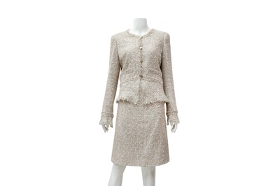 Lot 602 - Chanel Cream Metallic Tweed Skirt Suit - Size 42