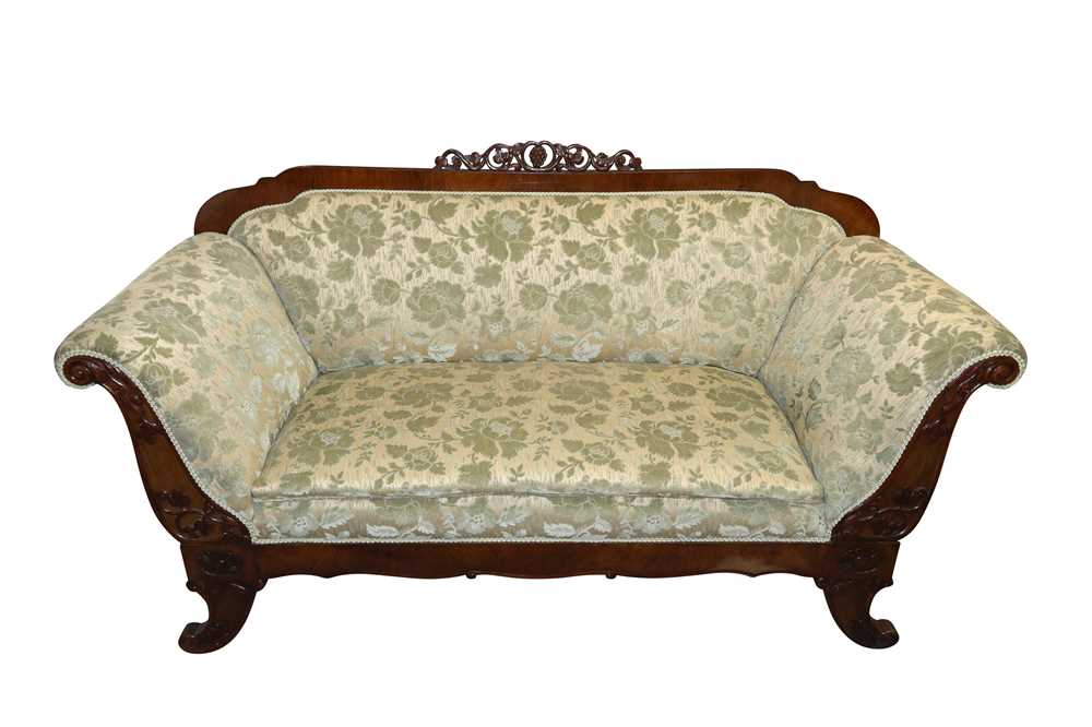 Lot 588 - A WILLIAM IV MAHOGANY DOUBLE SCROLL ARM SOFA